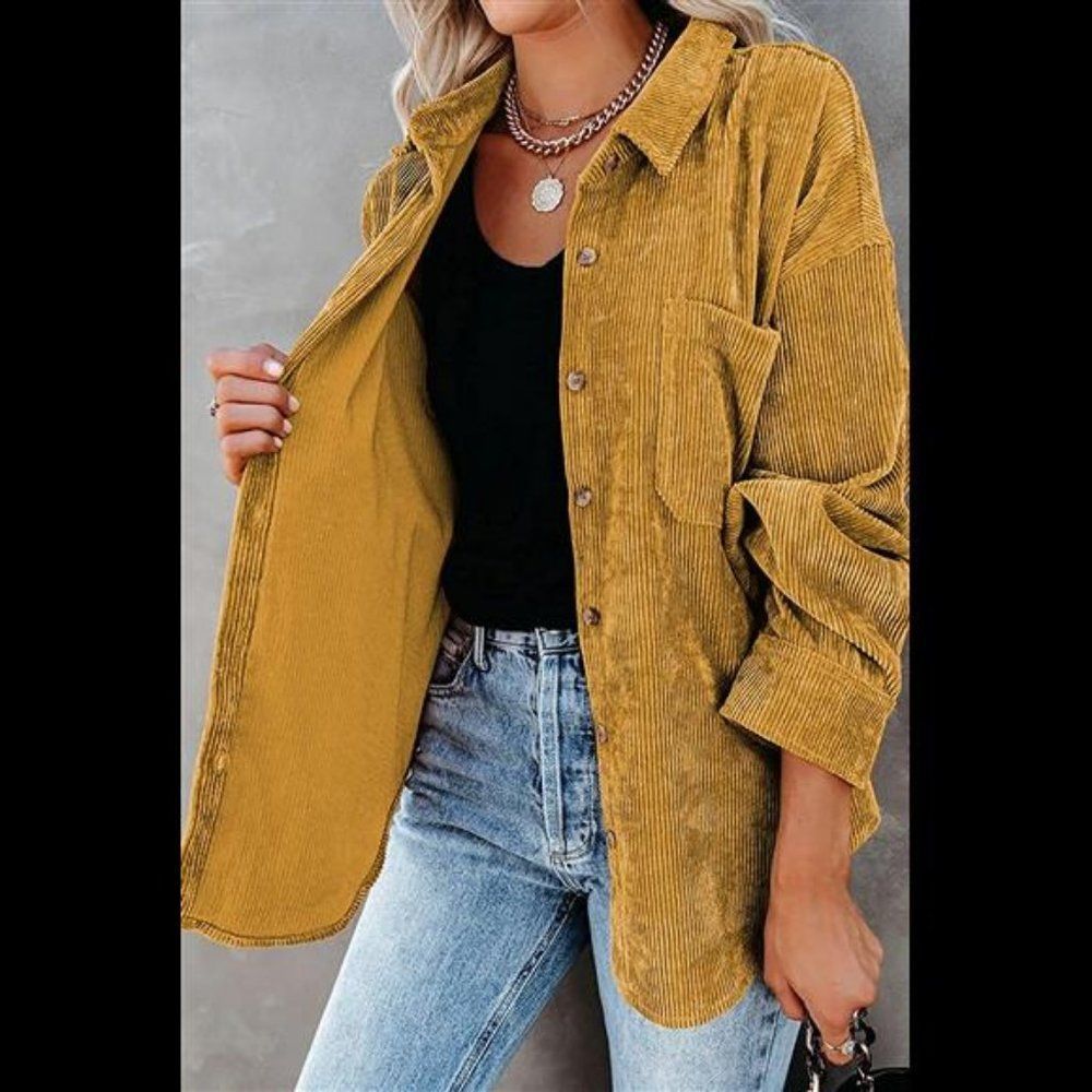 Deep Yellow Button Down Long Sleeve Cordoroy Butt… - image 2